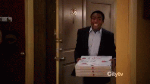 Pizza party scene from Community where Troy walks in to everything on fire