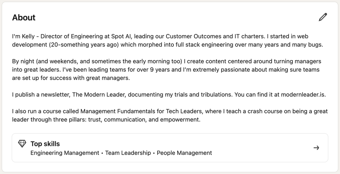 Screenshot of Kelly's About section on LinkedIn
