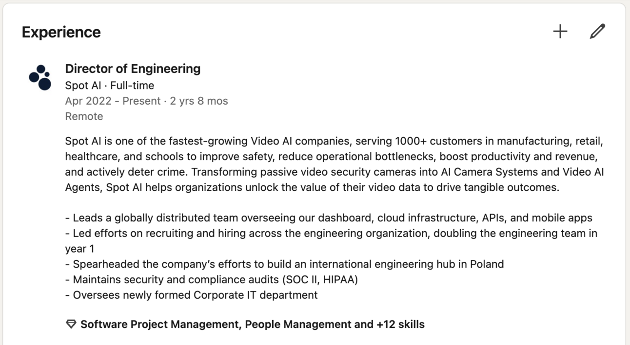 Screenshot of Kelly's Experience section on LinkedIn